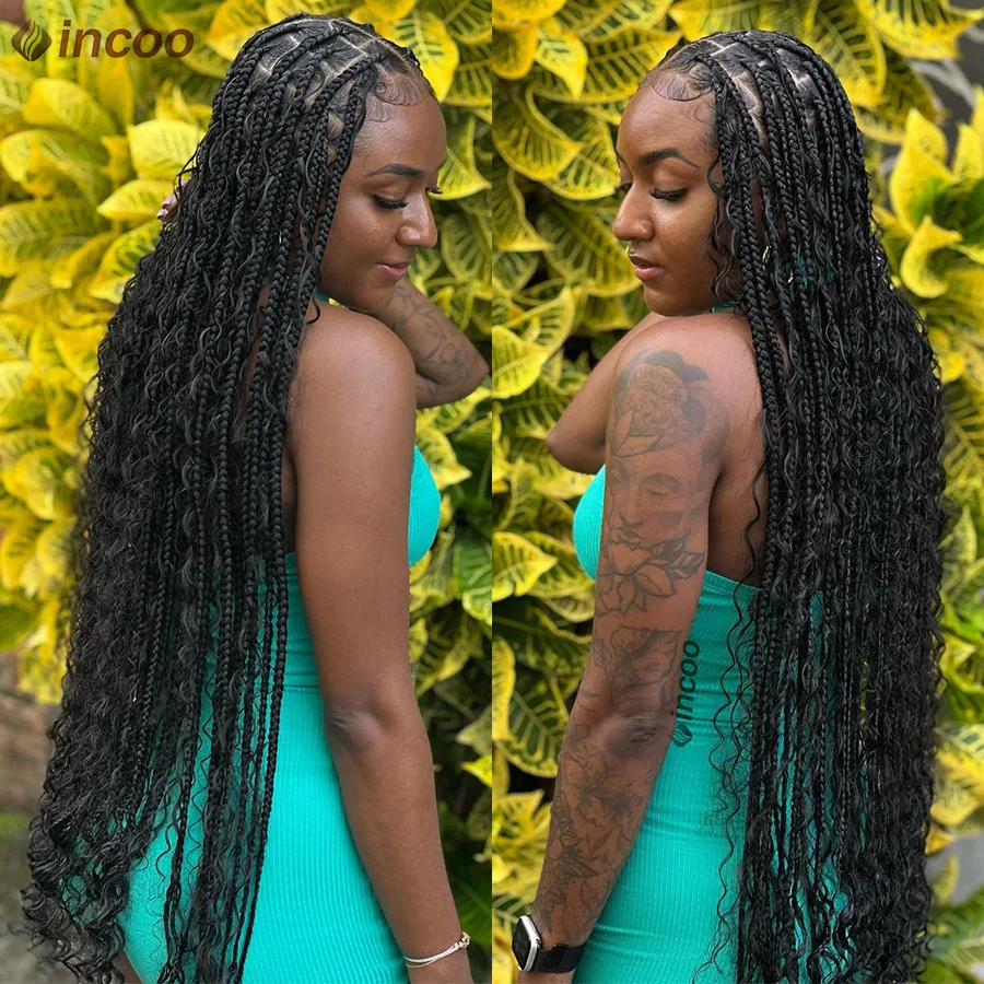 Synthetic Full Lace Wigs Boho Knotless Box Braided Wigs With Curly Hair Long 32 Locs Goddess Cornrows Braids Wig For Black Women