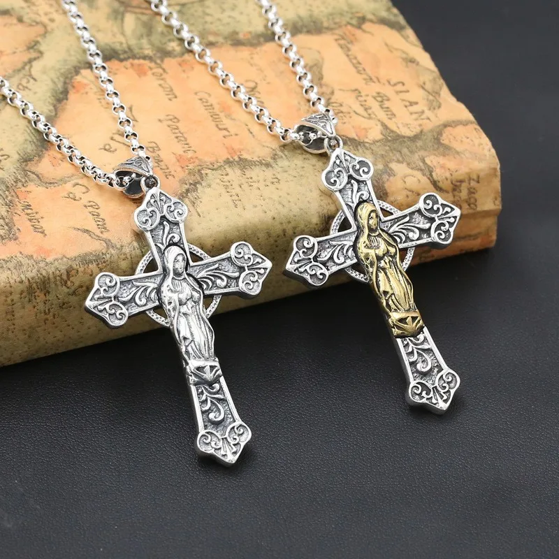 BOCAI S925 Sterling Silver Cross Pendants Eternal Vine The Virgin Mary Zircon Pure Argentum Amulet Jewelry for Men Women