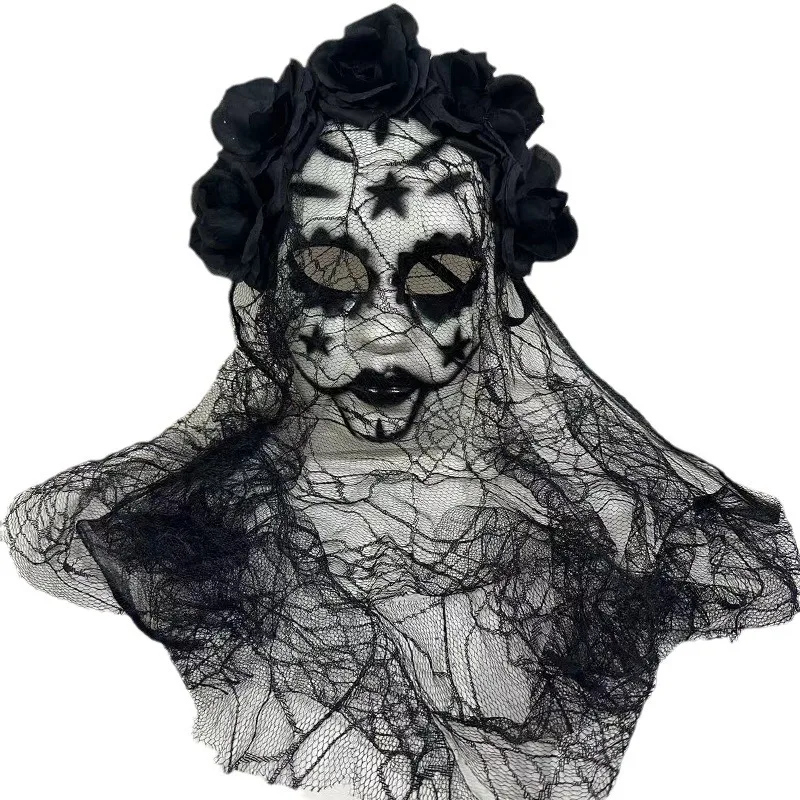 Ghost Bride Full Face Women Masquerade Mask Lace Roses Hair Halloween Scary Funny Cosplay Venetian Party Carnival Prom Ball 2025