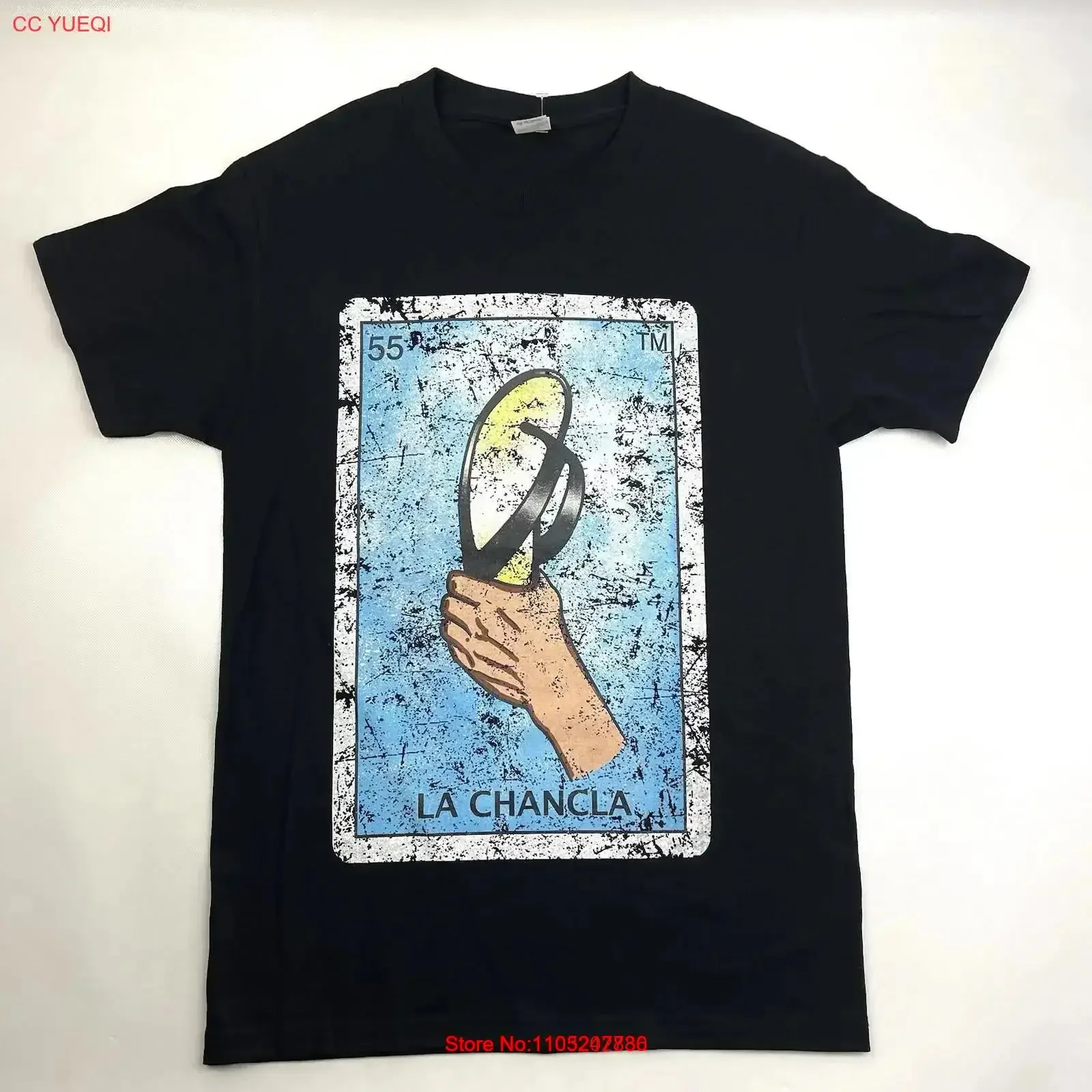 Camiseta Negra con el Logotipo de la Lotería Mexicana La Chancla, Talla para Hombre, Estilo Vintage Lavado, Elástica y Versátil, Prenda Superior para Uso Diario