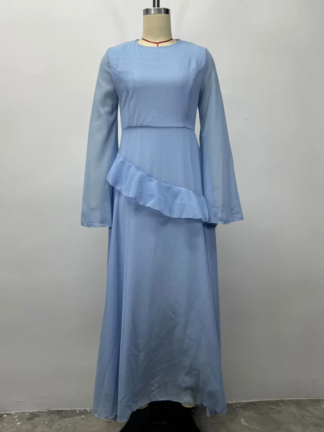 Women Solid Ruffle Chiffon Long Dress Elegant O-Neck Flare Sleeve Slim Maxi Dress 2026 New Lady Wedding Guest Evening Party Robe