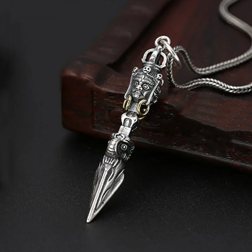 

Sterling Silver Pendant Men Vajra Dorje Phurba Statue Unisex Amulet Lucky Gift