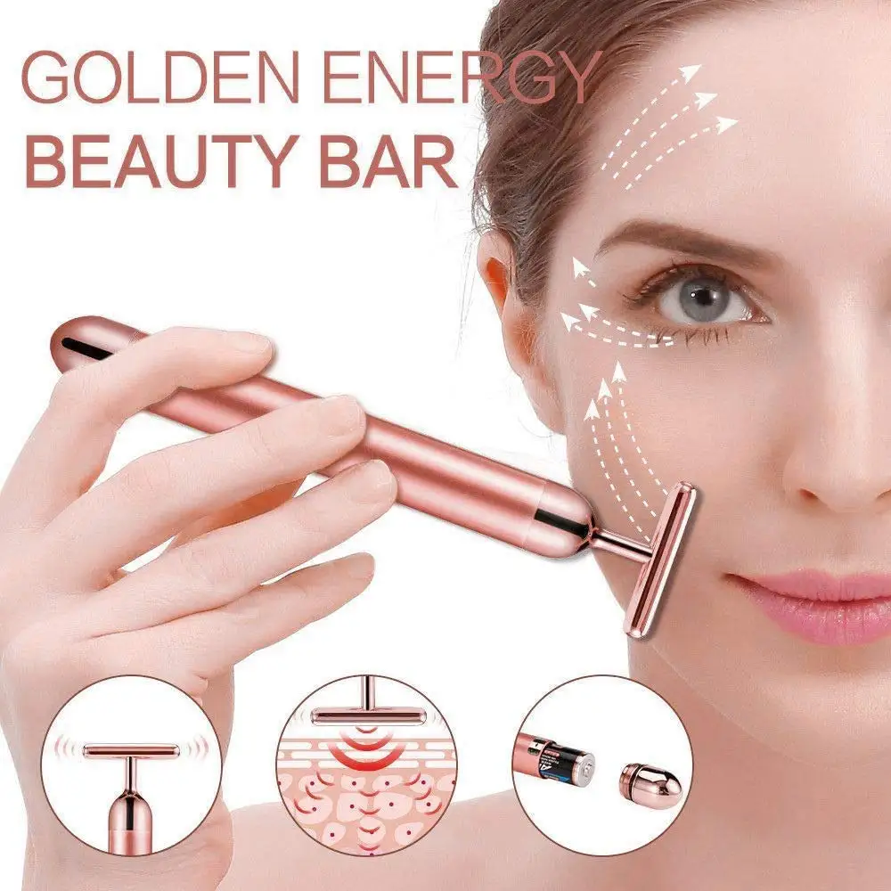 24K Goud Schoonheid Bar Gezicht Massager Elektrische Vibrerende Rose Quartz 3D Roller Gezicht Lifting Body Facial 3D Gua Sha jade Roller