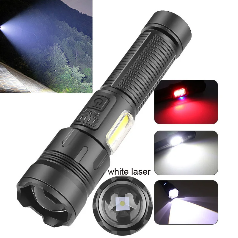 White Laser High Power LED Flashlight, USB rechargeable Waterproof Torch, Zoomable 3 main light modes Light