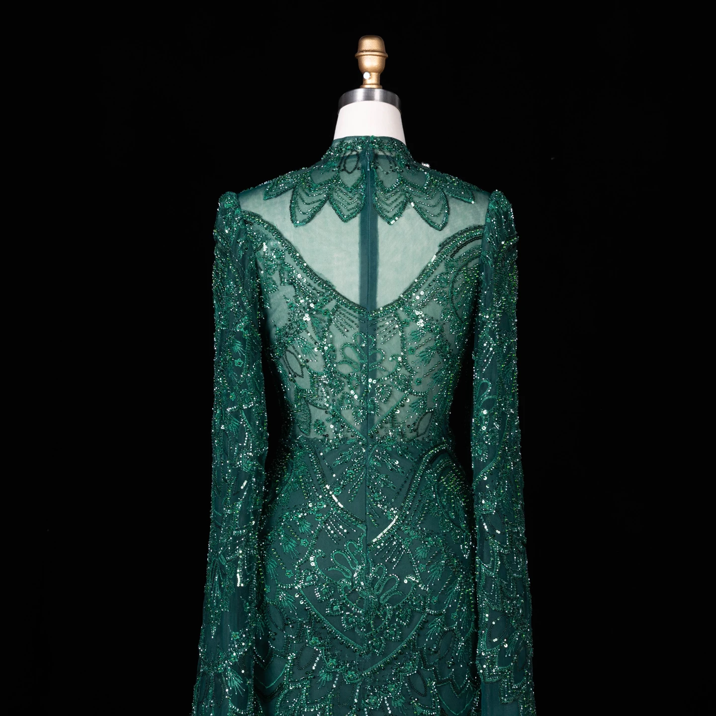 Sharon Said Abendkleider Luxuriöses Meerjungfrauenkleid aus grünem Tüll mit Perlen, transparentem Korsett und hohem Kragen, Dubai Formelles Partykleid SS017 Maßanfertigung – Detail 8