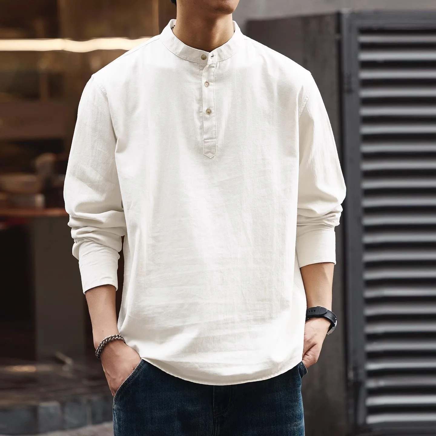 American Style Cleanfit Black Henry Collar Long Sleeve Shirt Men's Autumn Luxury Sensation Shirt Jacket Loose Fit Cotton Linen