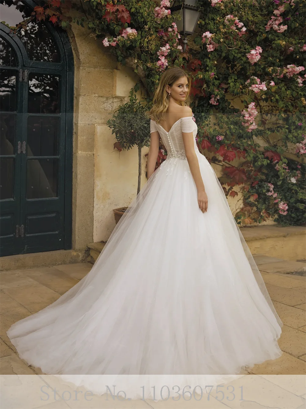 Vestido de novia de tul con hombros descubiertos para mujer, traje de princesa con apliques abullonados para baile, corte, fiesta de boda