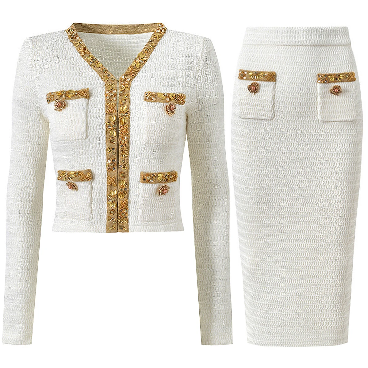 

High Quality New Fashionable Elastic Knitted V-neck Luxurious Exquisite Nail Bead Piece Cardigan Slim Fit Short Skirt Women Set
