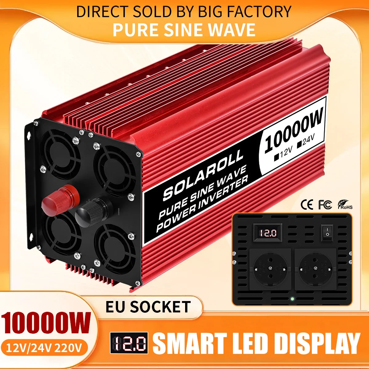 

SOLAROLL Voltage Converter 3200W Pure Sine Inverter DC 12V/24V to AC 220V EU Socket With LCD Digital Display Converter