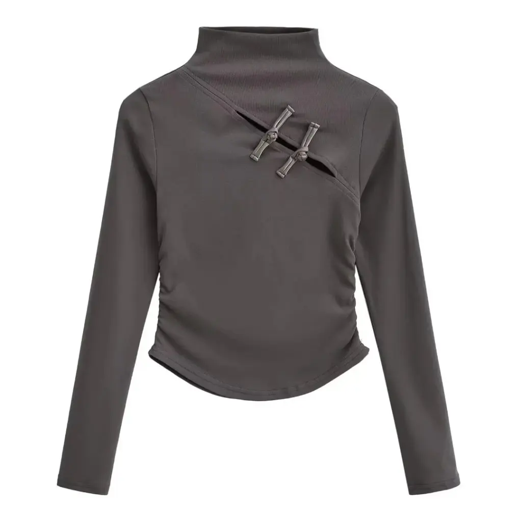 

Women's Half Turtleneck Hollow-Out Long-Sleeved T-Shirt Buckle Detail Short Pleated Slim Fit Arc Edge Bottoming Shirt Top