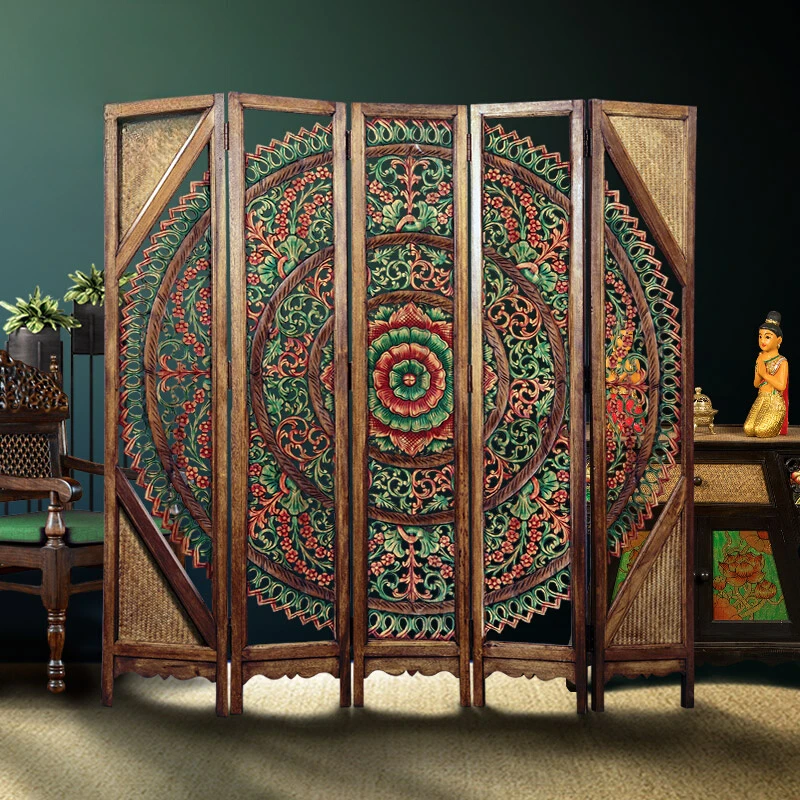 Solid wood carving flower mobile folding screen living room entrance decorative partition retro single-sided folding screen