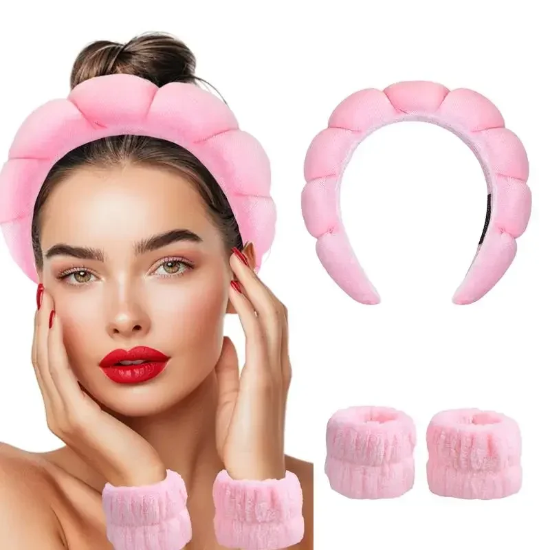 Spa Headband and Wrist Washband Set for Washing Face Highly Absorbent Microfiber Fluffy Towel Hairband Anti-Wet Sleeves 3Pcs Set