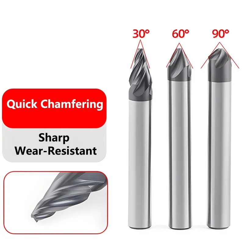 SHAZAM 30/60/90 Degree Spiral Chamfer Milling Cutter CNC Machining Tools 4-Flute Inner Hole Straight Shank Chamfering Cutters