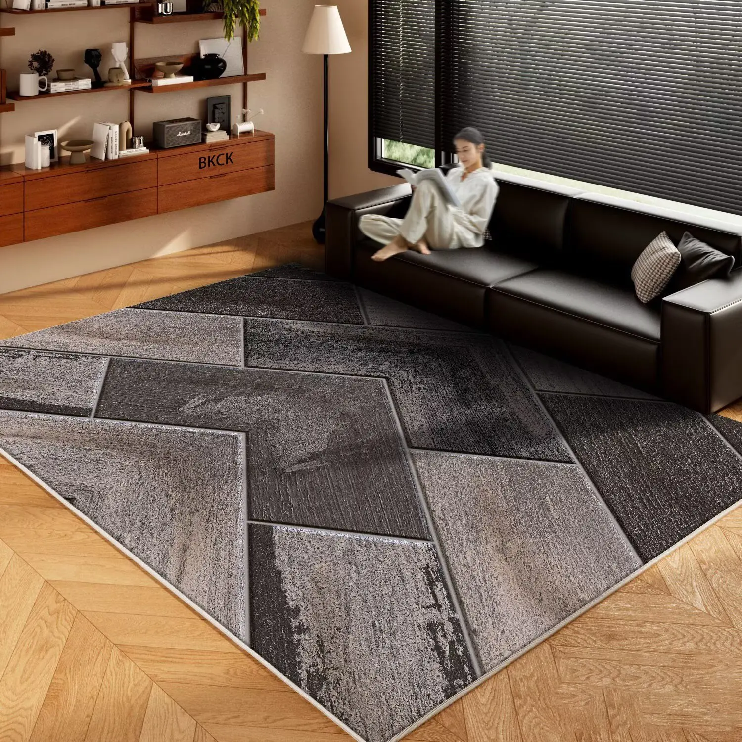 Gray Black Herringbone Patchwork Rug Industrial Chic Design For Living Room Sofa Area Floor Mat Urban Aesthetic Decor