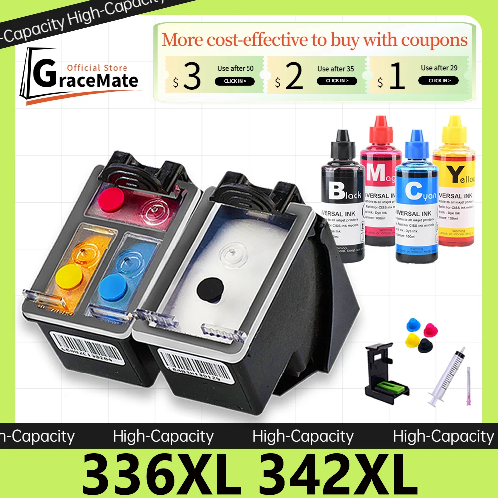 336XL 342XL Photosmart 1507 1510 1513 C4100 C4140 C4150 C4160 C4180 C4188 Printer Ink Cartridge Replacement for HP336 hp342