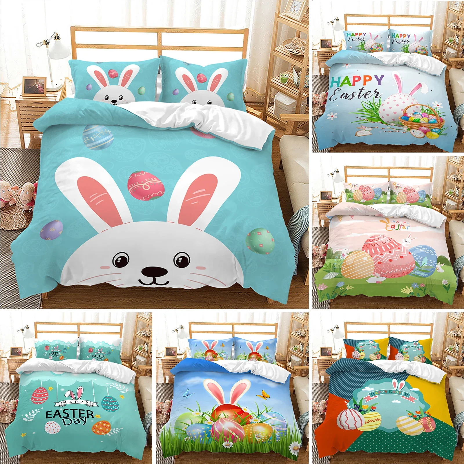 Easter Duvet Cover Set King/Queen Size Colorful Easter Eggs Nest Bunnies Theme Bedding Set Kids Boys Girls Polyester Quilt Cover