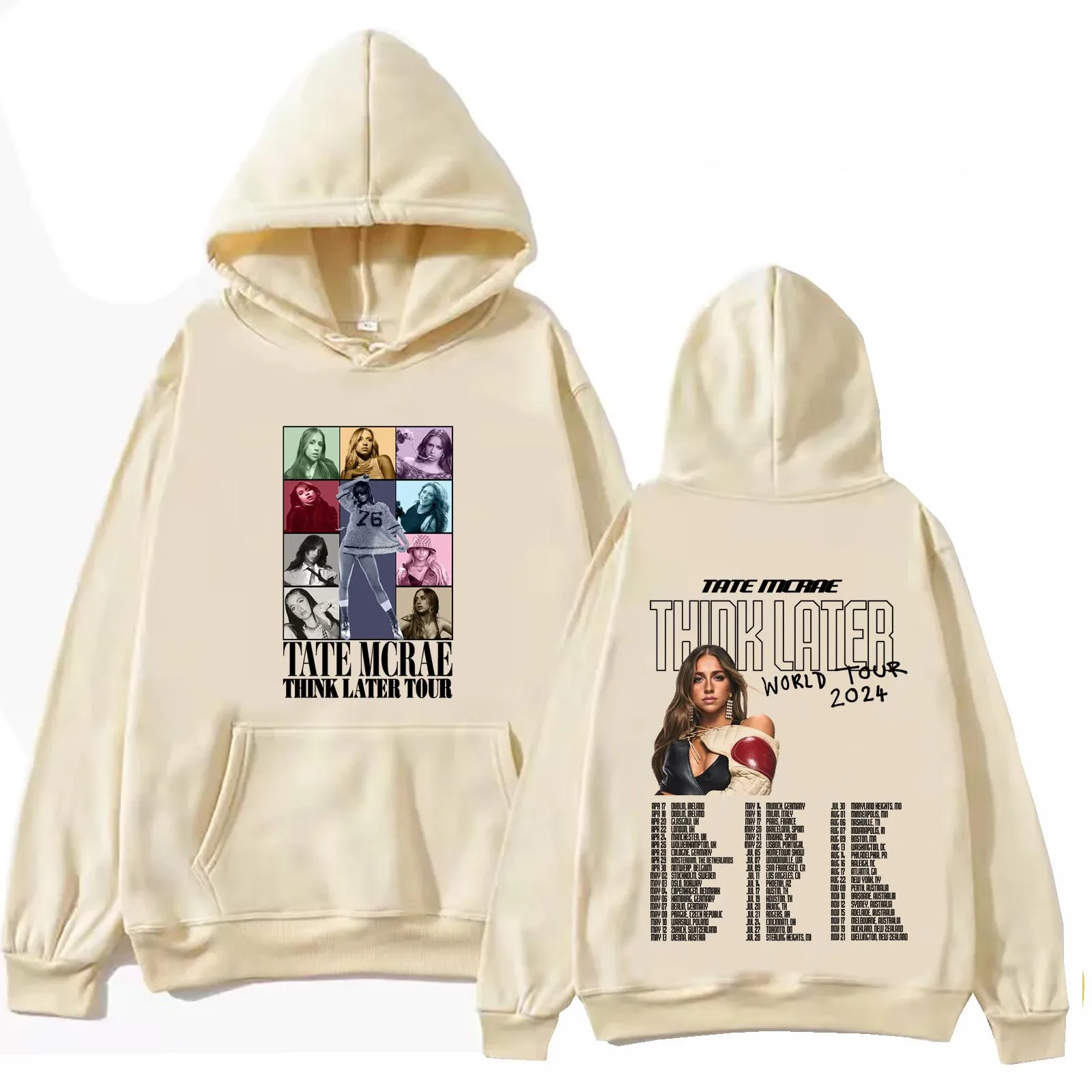 Sudadera con capucha de la gira mundial de Tate Mcrae Think Later 2024, Tops de primavera y verano, sudadera Regular de manga larga, regalo para fanáticos de la música, estampado