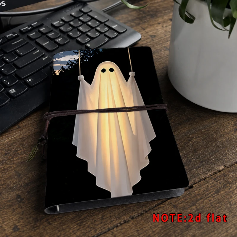 Cute Halloween Travel Journal Ghost on Swing Print Binding Notebook Black Background Spooky Cute Diary Stationery Holiday Gift