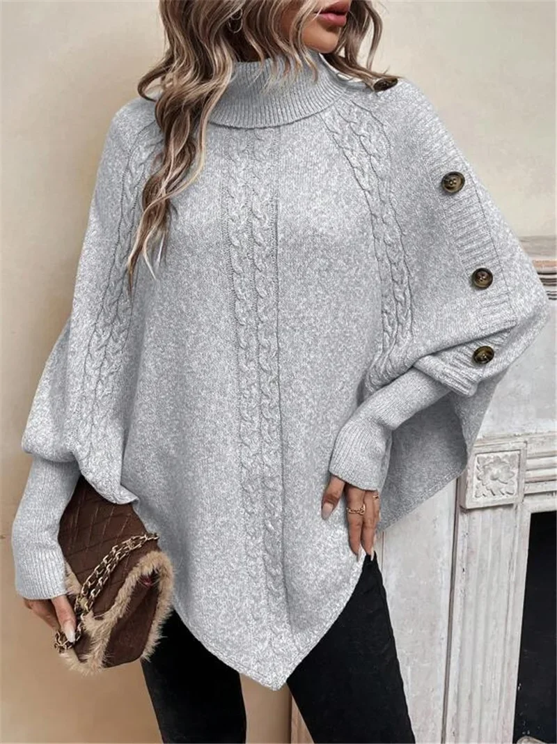 Winter Bat Sleeve Sweater Women's High Neck Button Design French Elegant Fashion Pullover Top Versatile Sweater