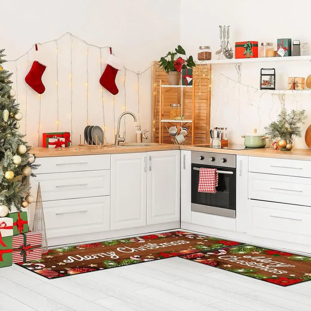 VIKAMA Christmas Kitchen Rug Living Room Entrance Bathroom Water-Absorbing And Easy-To-Clean Flannel Foot Mat Home Decoration