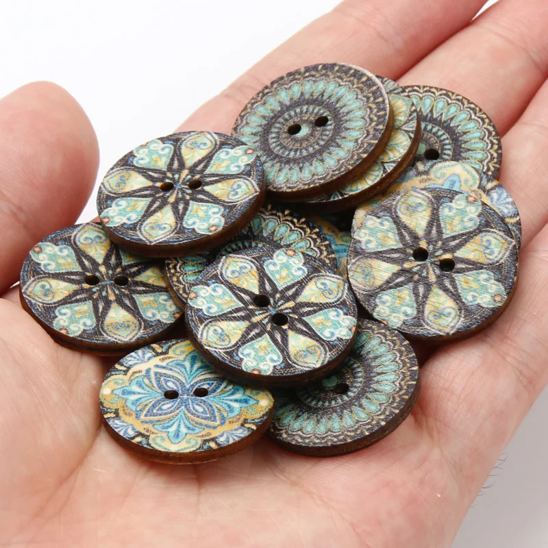 30pcs/lot 25mm Blue Vintage Paint Round 2Hole Wood Buttons For Clothing Sewing Accessories Kids Needlework Decorative Buttons