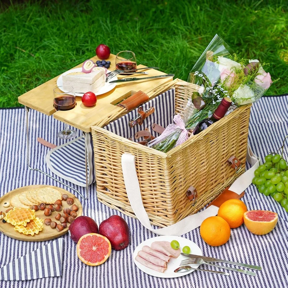 Wicker Picnic Basket for 2 with Detachable Table, Elasticated Wine Holder