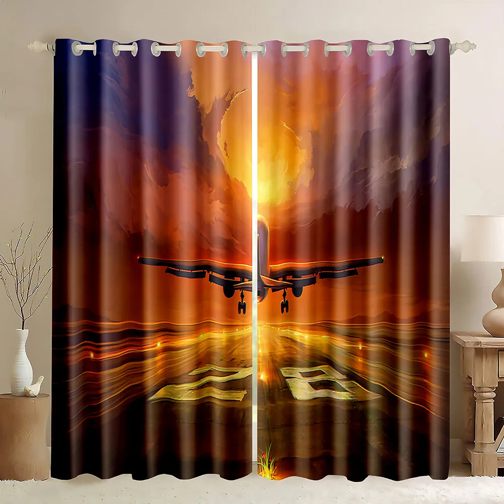 Airplane Window Blackout Curtains,Airport Runway Sunset View Dark Clouds Curtainst Plane Take Off,Privacy Protection Curtains