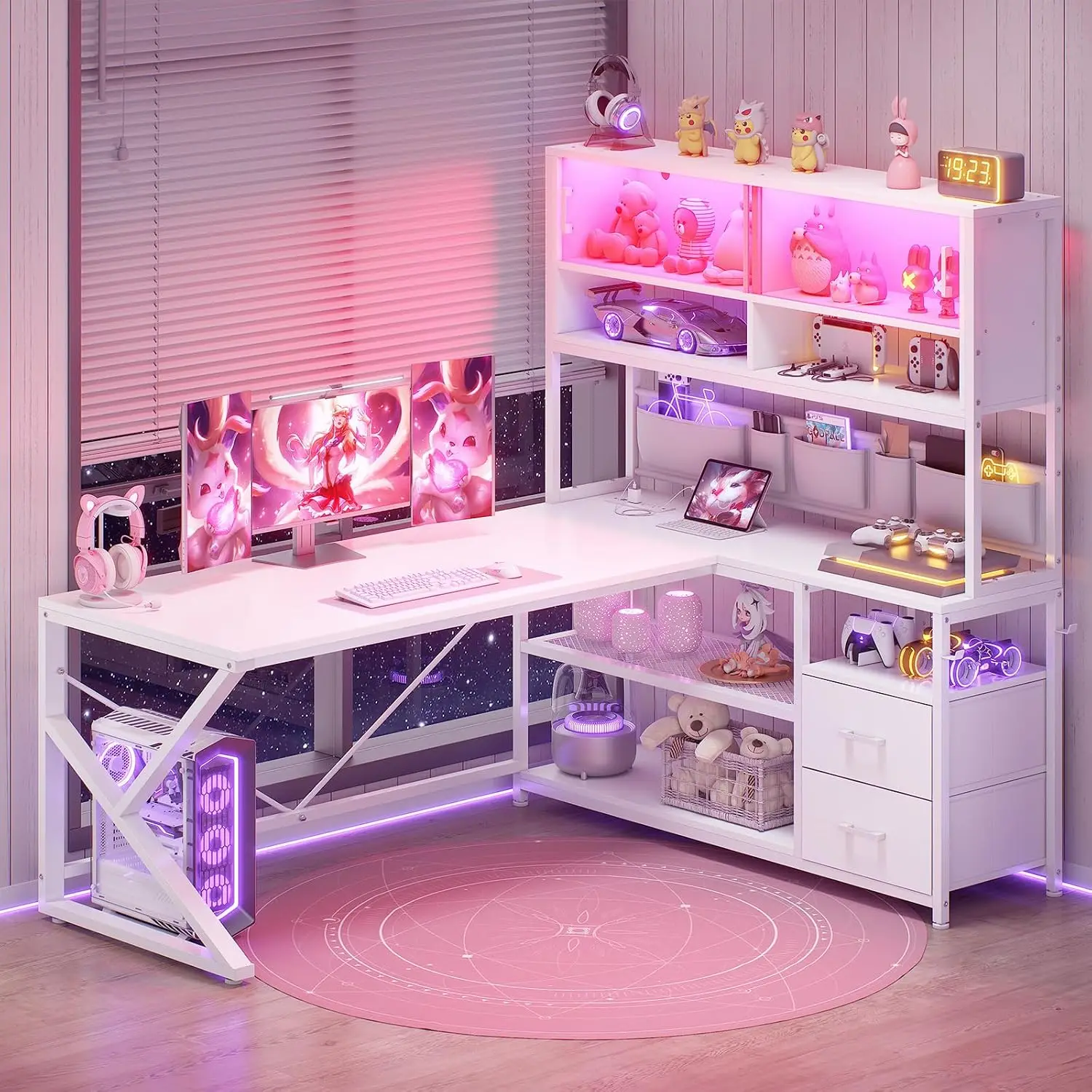 L Shaped Gaming Desk with Storage Shelves, 2 Drawer, LED Light, Reversible Corner Computer Desk with 23.6
