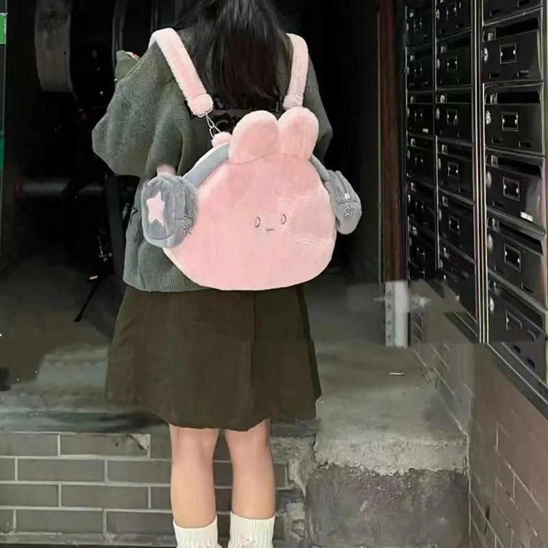 MBTI Cute Bunny Womens Backpack Casual Soft Pink Plush Fluffy Lolita Jk Designer Backpack Student Korean Fashion Earphones Bag