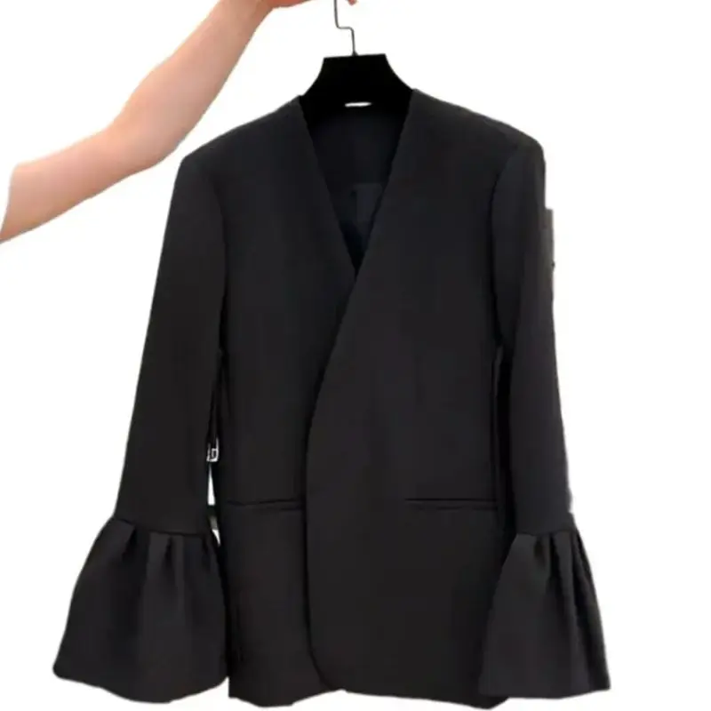 

Women's Jackets New Jacket High-end V-neck Loose Cardigan Suit Jacket Spring Niche Texture High-grade Fragrance Black Jacket