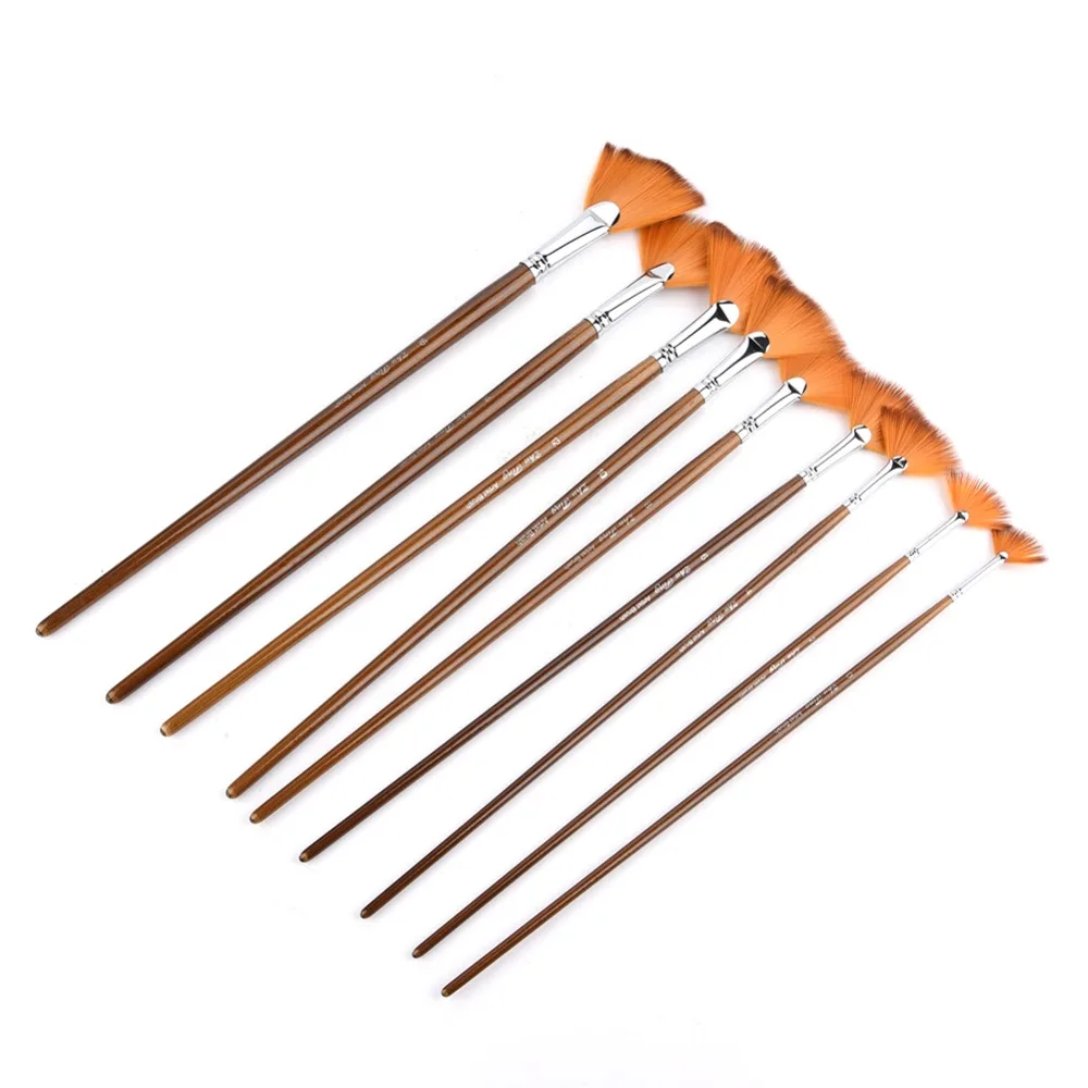 

9PCS Fan tail shape Fan Tail Paint Brushes Mixed tip type Brown handle Gouache Watercolor Brushes Smooth holding