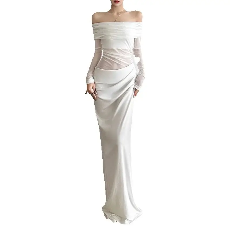 

Women Solid Color Maxi Dress Fashion Hot See Through Full Sleeve Off Shoulder Sheer Mesh Bodycon Mujer Sexy Unique Partywear