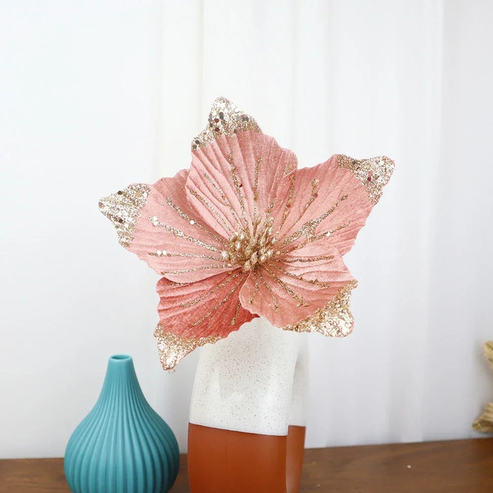 1pc 21cm Christmas Flower Fabric Sequin Simulation Flower DIY Flower Christmas Party Arrangement Happy New Year Decoration