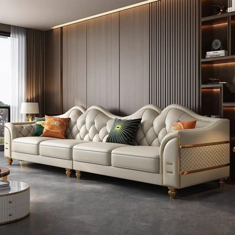 

Light luxury first-layer cowhide leather sofa size apartment four-position straight row living room combination American buckle
