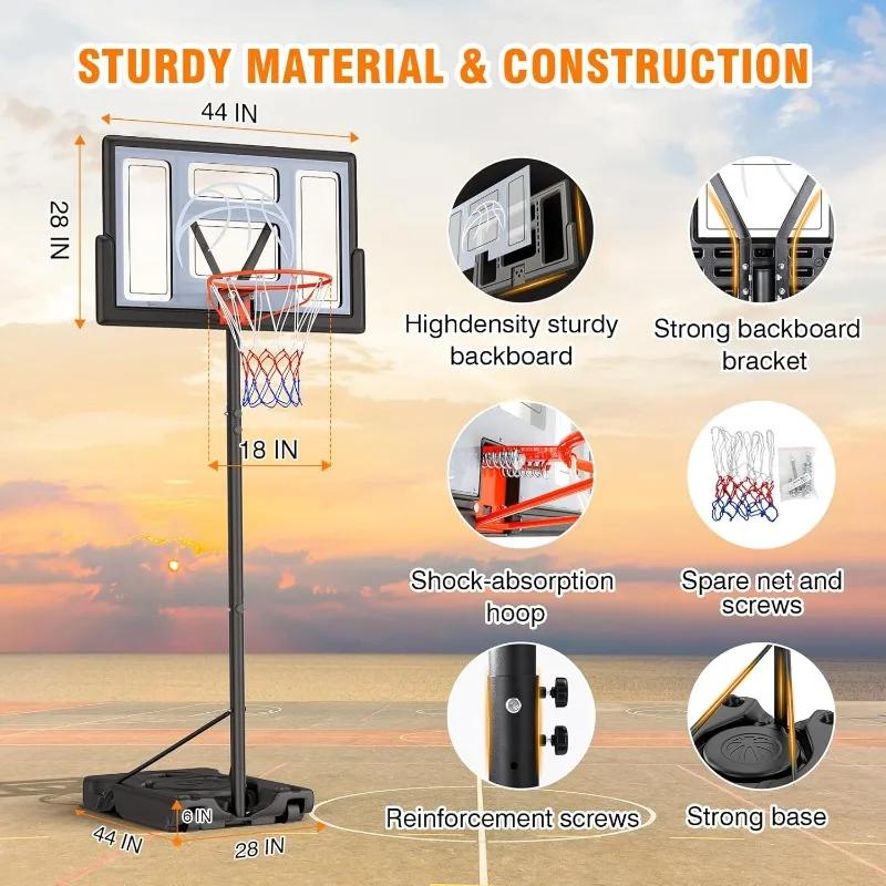 Yohood Basketball Hoop Outdoor 10ft Adjustable, Portable Basketball Hoop Goal System, 44 Inch Shatterproof Backboard,Larger Base