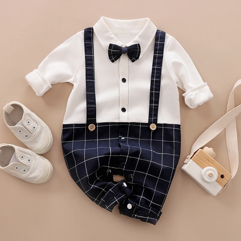 Spring and Autumn Baby Boys Bow Tie Gentleman Outfit Handsome Jumpsuit Suits Cotton Newborn Toddler Long Sleeve 0-18 months Soft