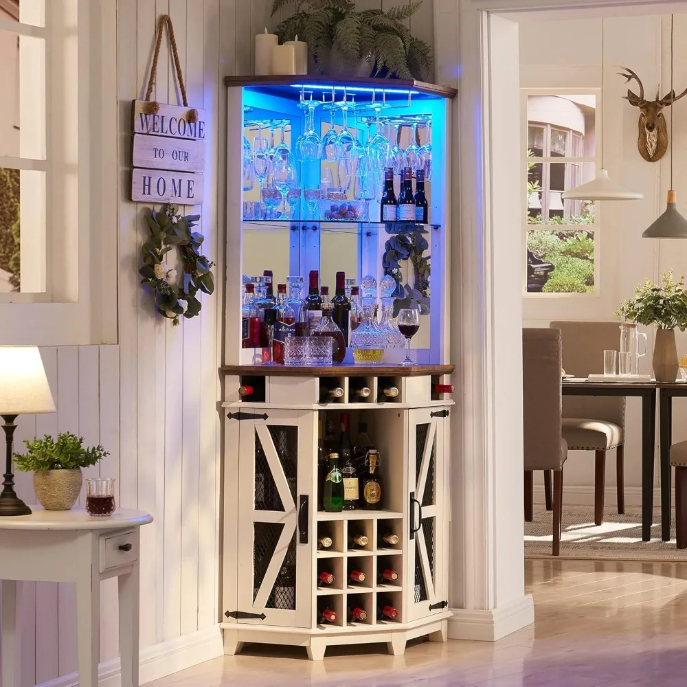 

OKD Corner Bar Storage Cabinet, 72" Tall Farmhouse Wine Bar Cabinet w/Barn Door & Adjustable Shelf, Home Bar Cabinet w/LED