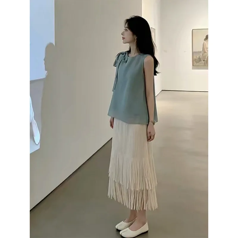 

Miyake Pleated Skirt Set Plisse Women Vacation Sleeveless Top Tassel Skirt 2026 Summer New Elegant Slimming Design Two-Piece Set