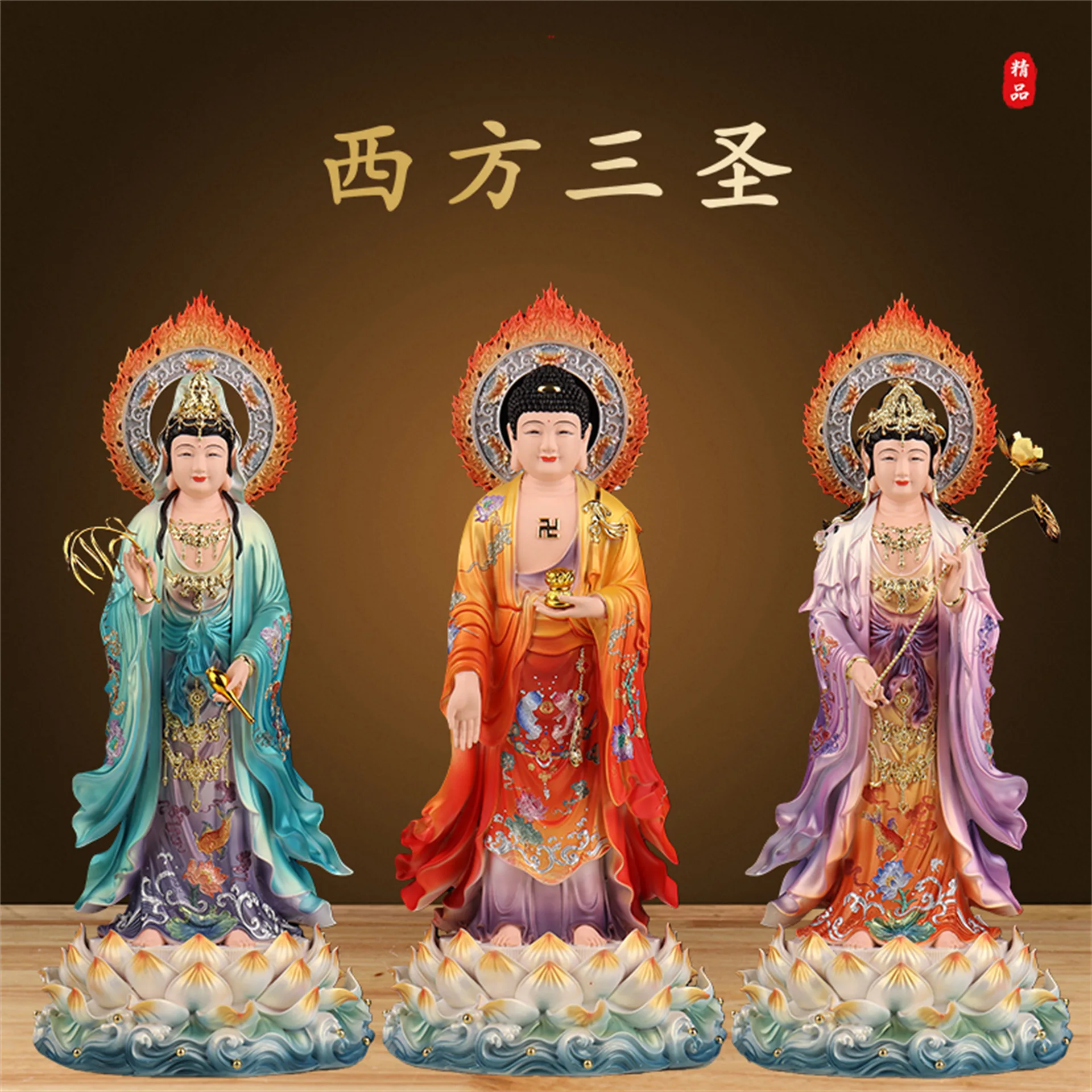 The Western Three Saints Buddha Statue is dedicated to  and the general trend is to the ornament to ensure peace Buddha statue