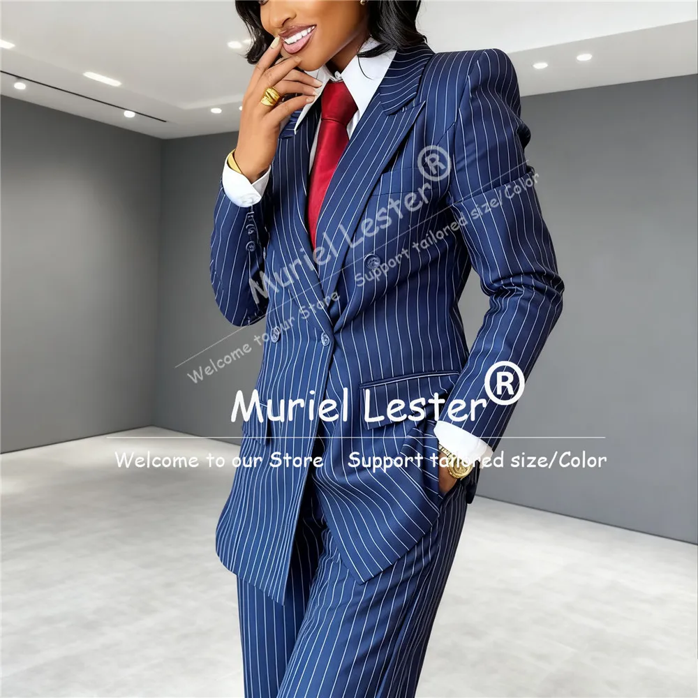 Fashion Striped Women's Suit Peaked Lapel Double Breasted Jacket Pants 2 Pieces Formal Party Smart Casual Lady Office Outfits