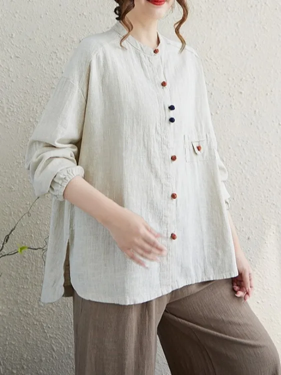 

V-Ne Long Sve Pure Color Linen irt with Button for plus Size Women Retro Sle Open Cardigan Top Split Design Casual Wear
