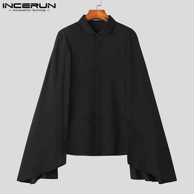 INCERUN-Camisa irregular monocromática masculina, lapela patchwork, streetwear de manga comprida, camisas casuais elegantes, outono, S-5XL, 2023