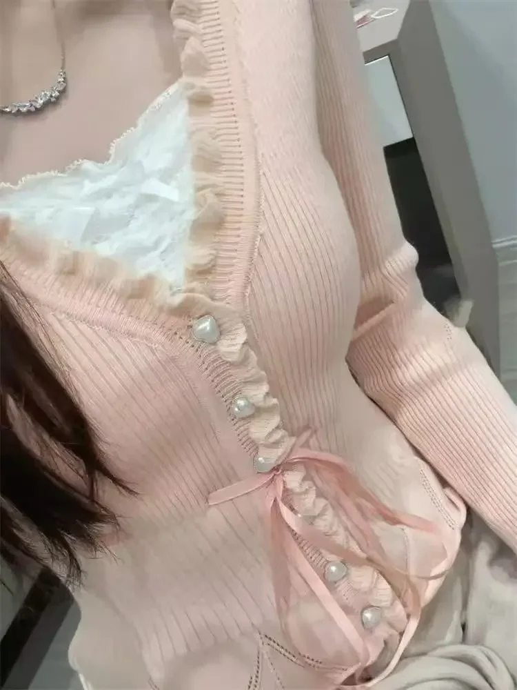 Coquette Sweet French Pink Women Cropped Ribbed Knit Cardigan Ruffle Trim Heart Button Bow Tie Waist Slim Fit Casual Daily Outfi
