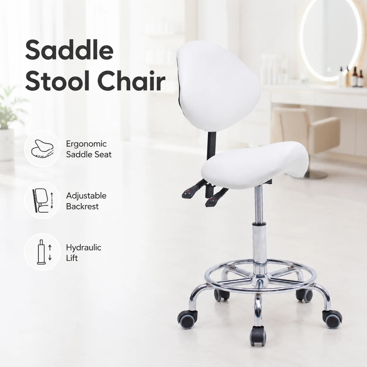 Height Adjustable Saddle Stool Chair with Backrest Hydraulic Rolling Salon Clinic Stool 360 Degree Swivel Wheels Footrest White