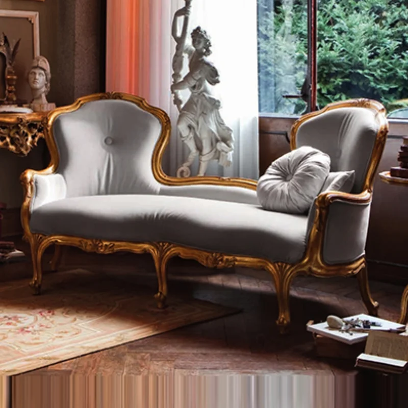 Solid wood sofa, living room gold foil fabric sofa, carved double bed European two-person sofa