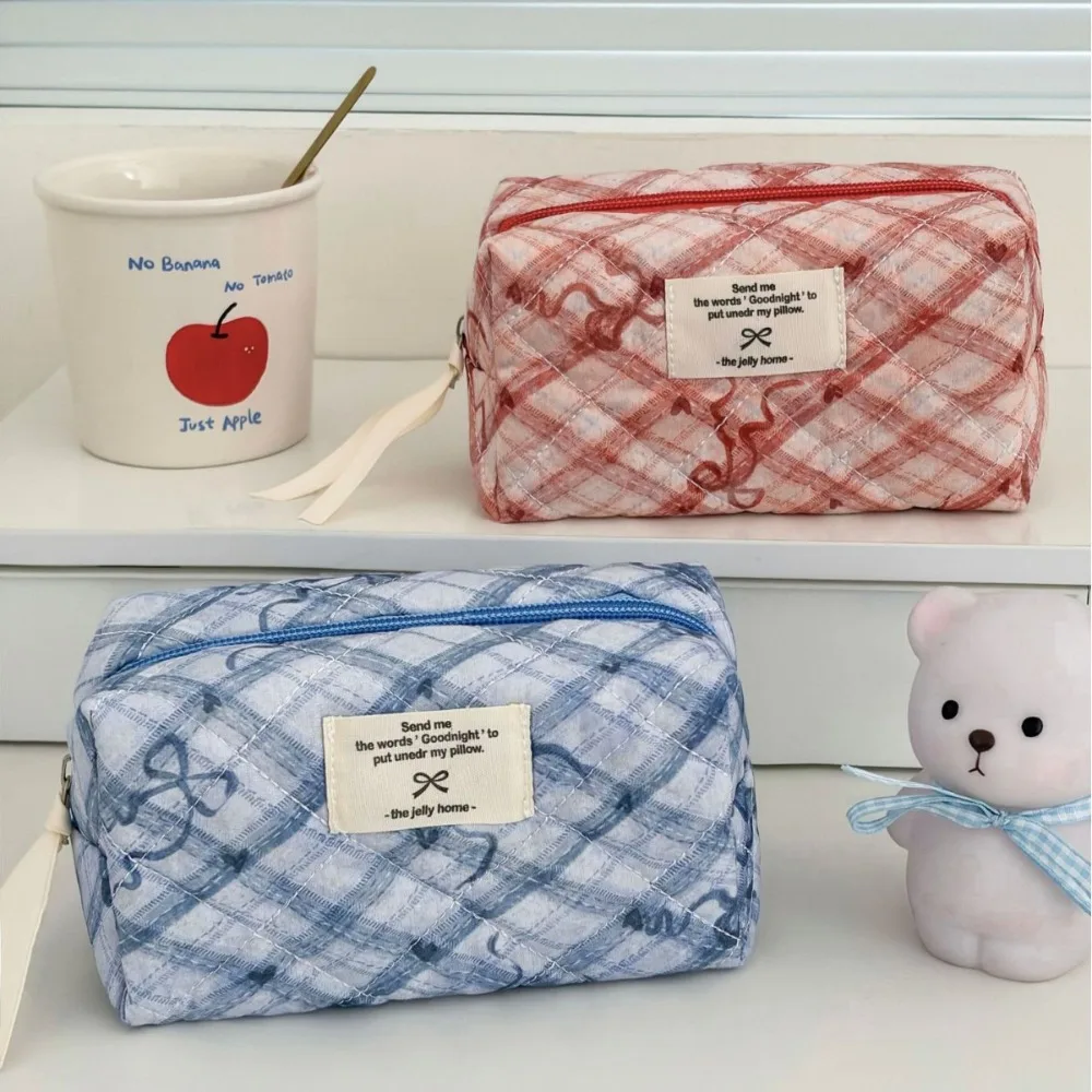 INS Korean New Quilted Diamond Bow Octagonal Bag Soft Fluffy Portable Travel Toiletry Pouch Multifunctional Cosmetic Storage