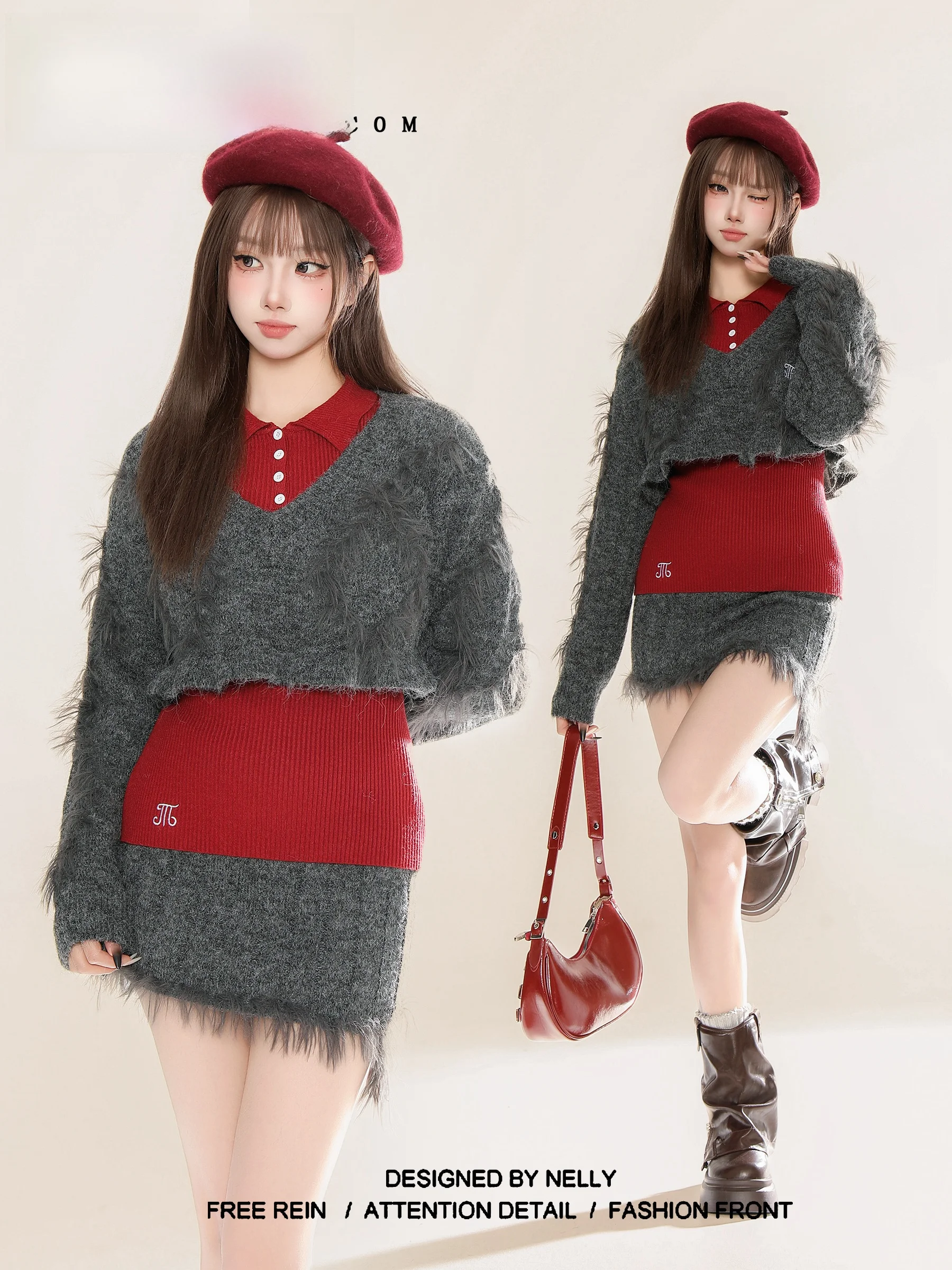 

Slimming ort Sweater And Wrap Skirt Set for Women Faionable Layering Spring Autumn Collection Ne Long Sve Suit