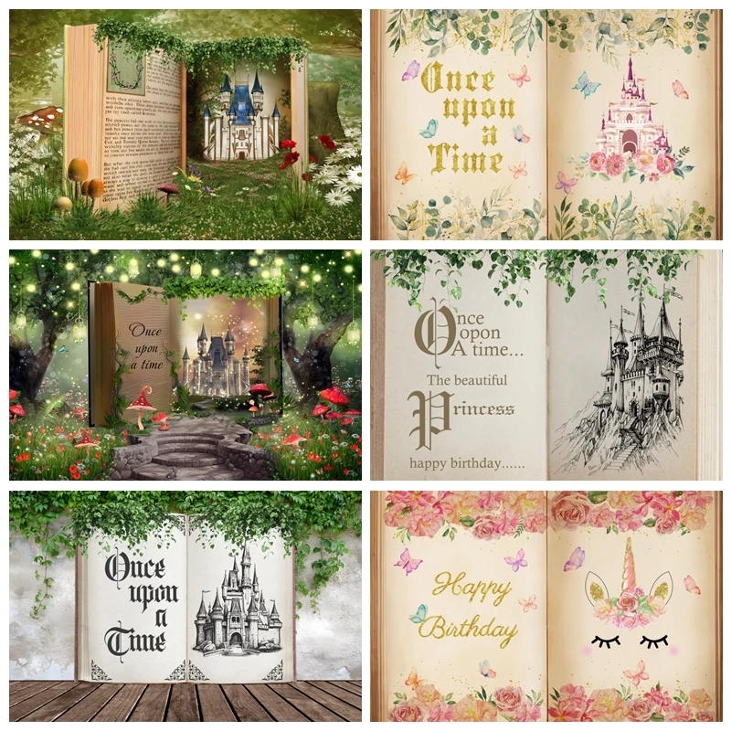 Birthday Backdrop for Girls Fairy Tale Books Photography Background  Once Upon A Time Castle Birthday Party Decoration