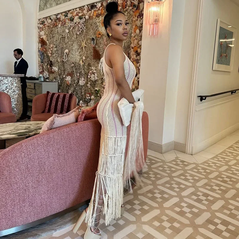 Striped Crochet Knitted Beach Summer Dresses Woman Sleeveless Spaghetti Strap Sheath Slim Fit Tassel Bodycon Maxi Dress Holiday