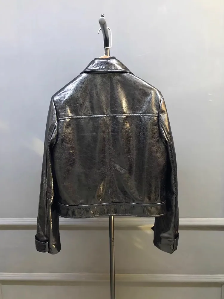 Female Top Quality New Genuine Leather Oil Wax Jacket Turndown Collar Spring Autumn Short Coat Real Sheepskin Workwear Outerwear